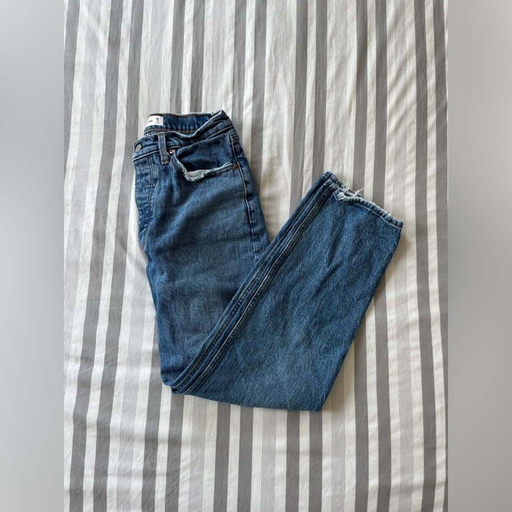 denim straight leg jeans with frayed ends